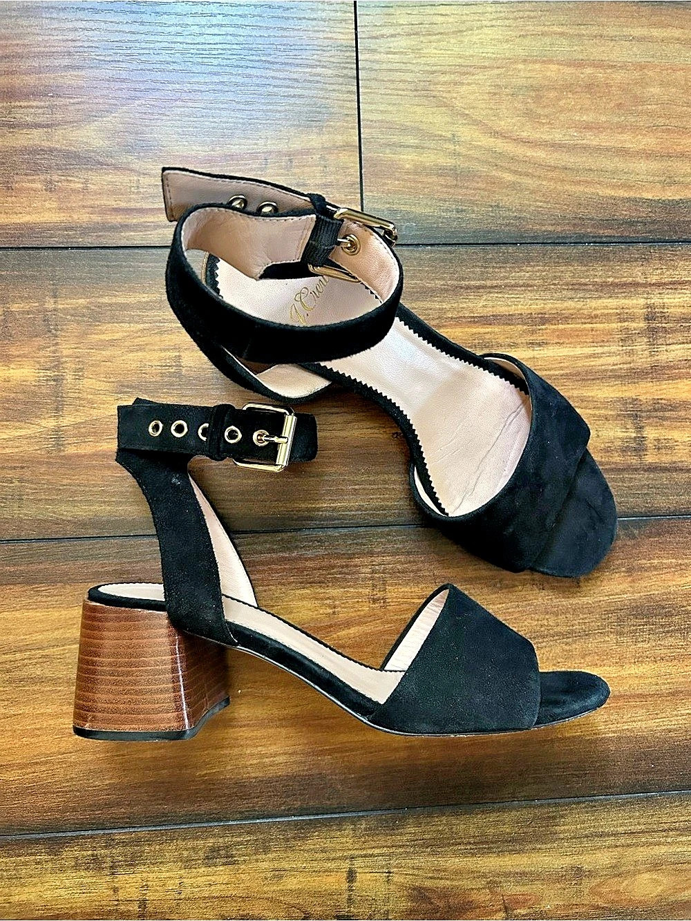 J.Crew Style 15476 Black Suede Leather Wood Block Heel Sandal US 7